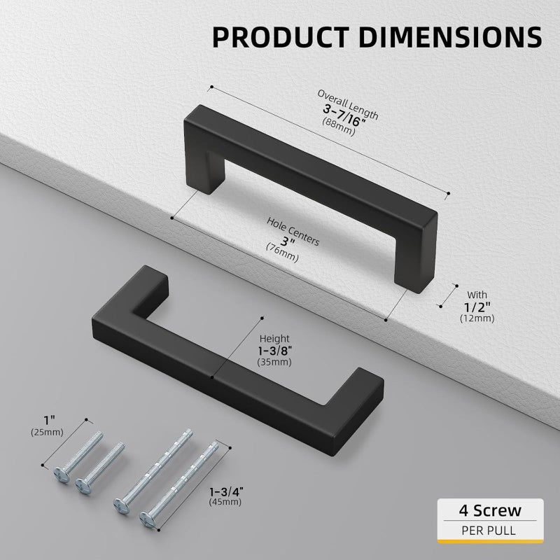 Goldenwarm 10 Pack Black Square Bar Cabinet Pull Drawer Handle Stainless Steel Modern Hardware for Kitchen Bathroom Cabinets Cupboard,Center to Center 3in (76mm) Modern Matte Black Drawer Pulls - Image 2